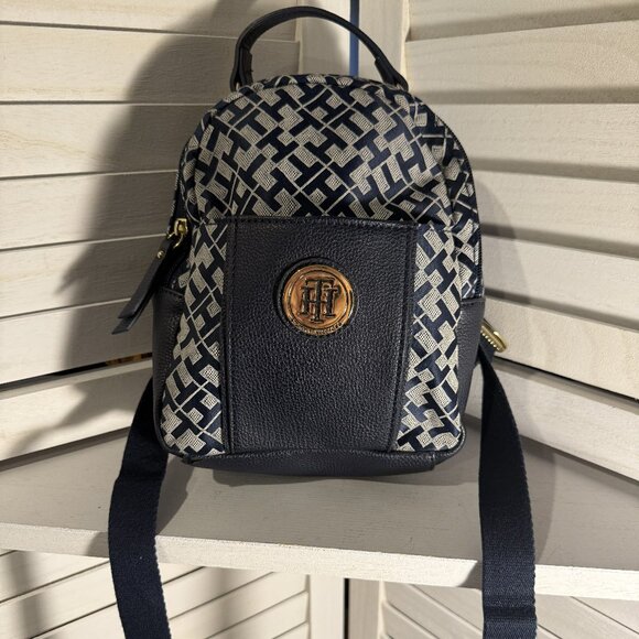 Tommy Hilfiger Mini Backpack Navy Blue Geometric Print Gold Logo 8x8 - Picture 1 of 5
